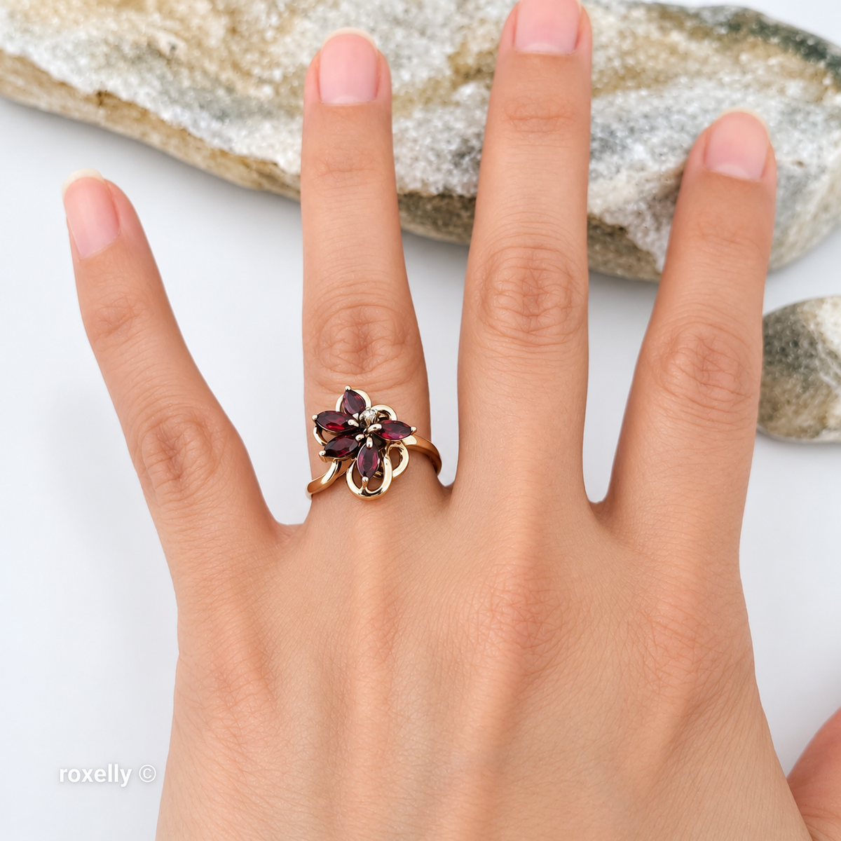 14K Yellow Gold Rubies and Diamond Flower-Shaped Ring Size 6.5 - Solid Gold