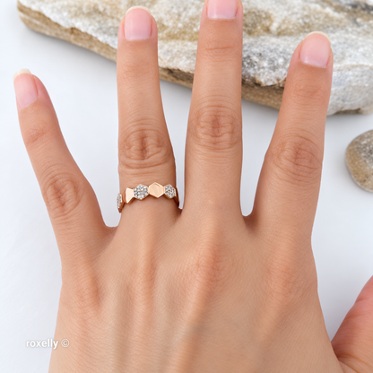 14K Rose Gold Genuine Diamonds Hexagon Band Ring Size 6.25 - Solid Gold