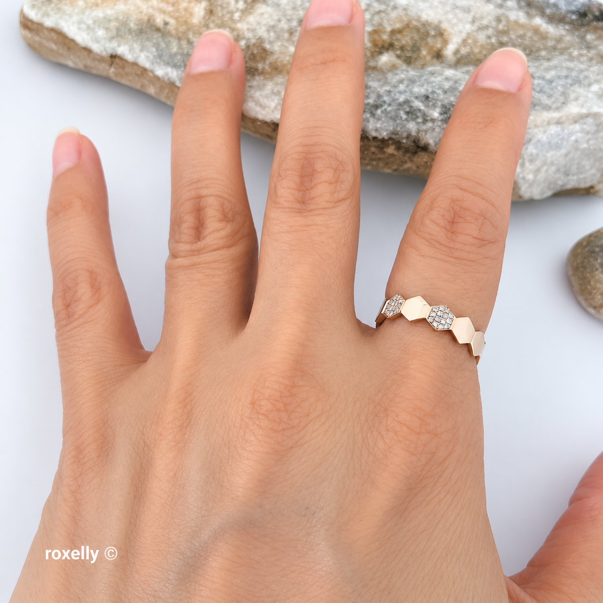 14K Rose Gold Genuine Diamonds Hexagon Band Ring Size 6.25 - Solid Gold