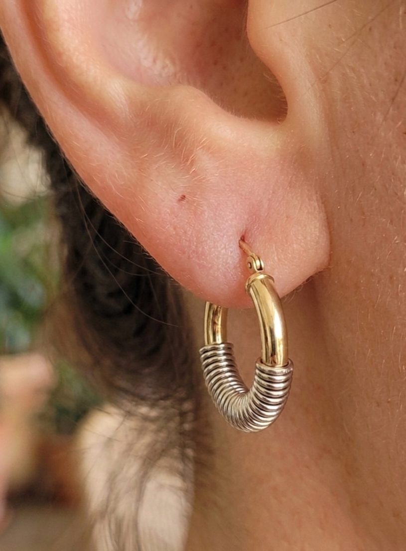 14K Solid Yellow Gold and Sterling Silver Spiral Hoop Earrings