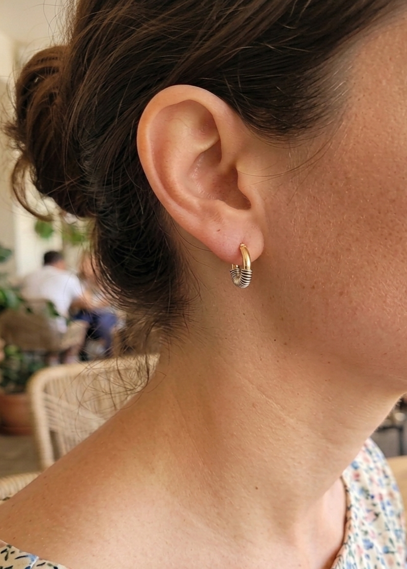 14K Solid Yellow Gold and Sterling Silver Spiral Hoop Earrings