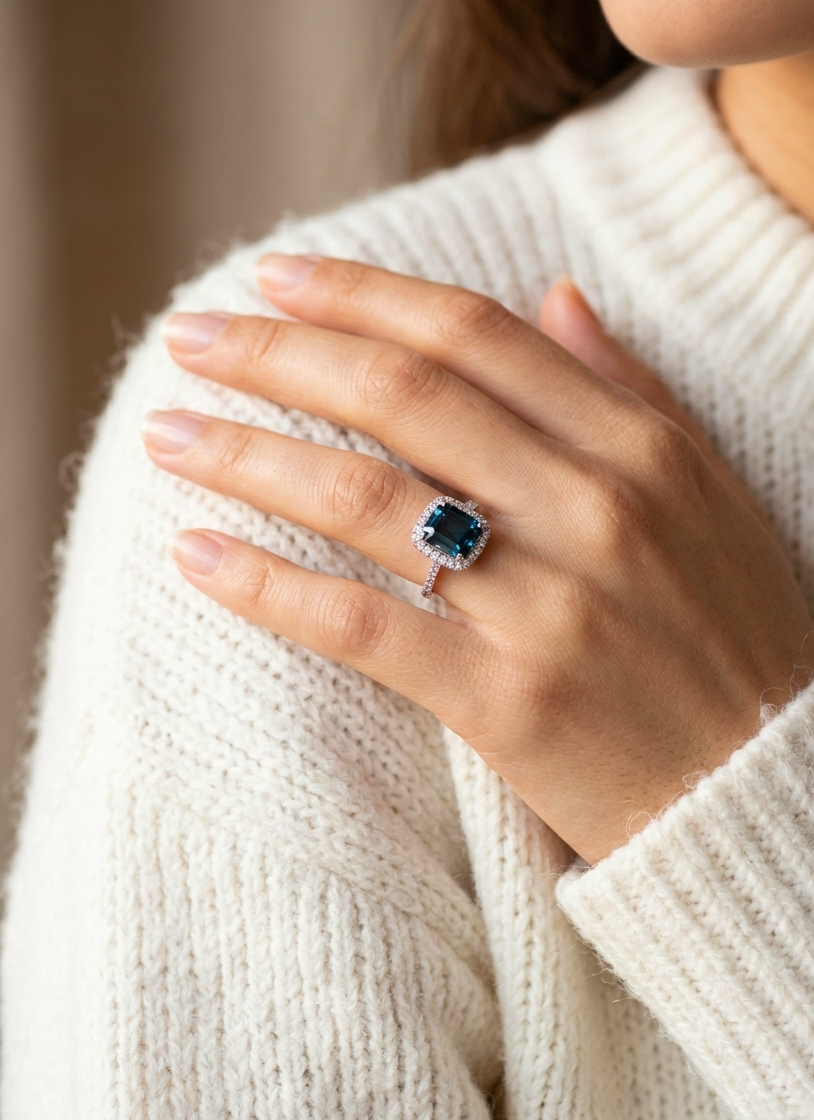 EFFY 14K Solid White Gold London Blue Topaz Diamond Ring, Asscher Cut Genuine Gemstone, Art Deco Style, 0.45ctw Diamonds - Size 7.75