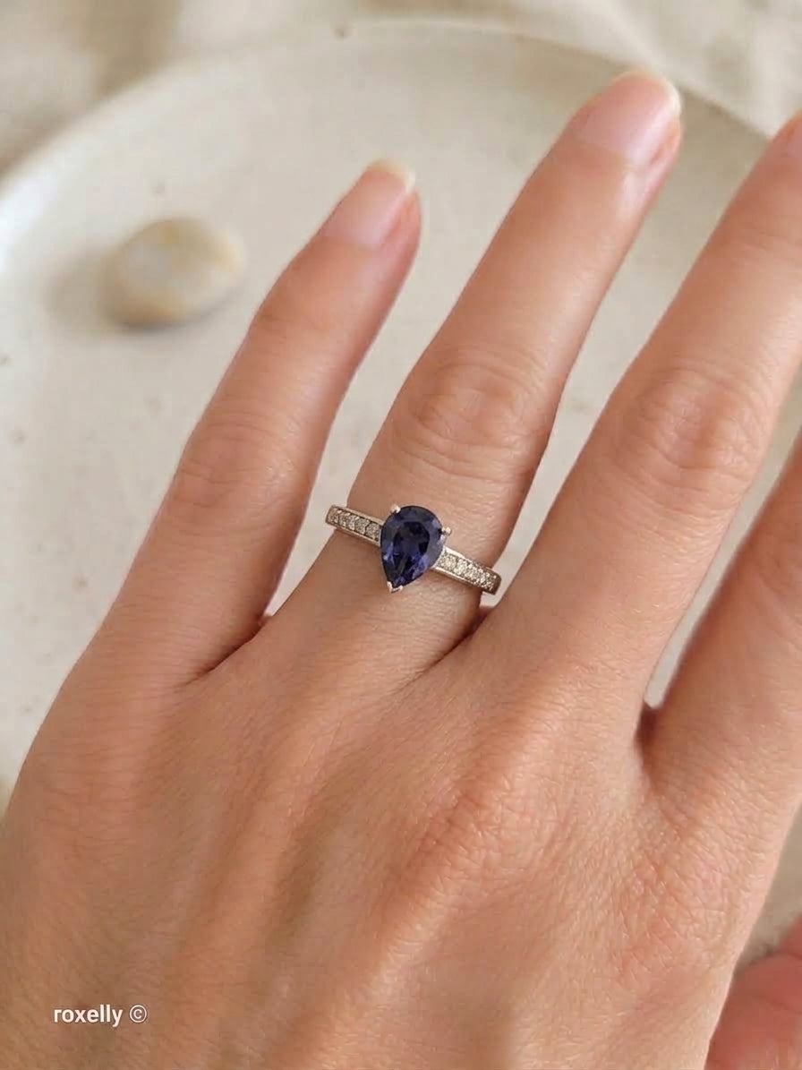 10K White Gold Blue Iolite and White CZ Ring Size 7 - Solid Gold