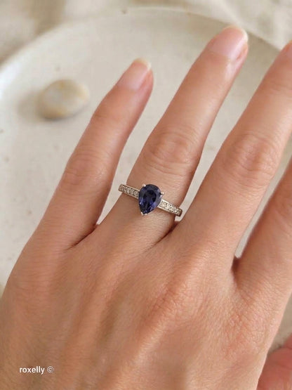 10K White Gold Blue Iolite and White CZ Ring Size 7 - Solid Gold