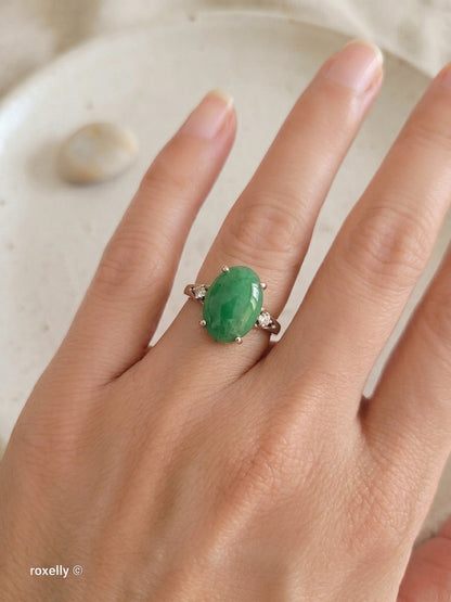 14K White Gold Jade and Genuine Diamond Ring Size 7.25 - Solid Gold
