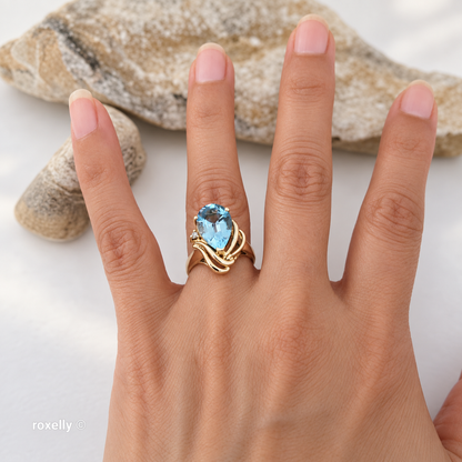14K Yellow Gold Blue Topaz and Genuine Diamond Ring Size 6.5 - Solid Gold