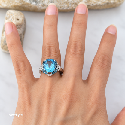10K White Gold Blue Topaz Gemstones and Diamonds Ring Size 6.75 - Solid Gold