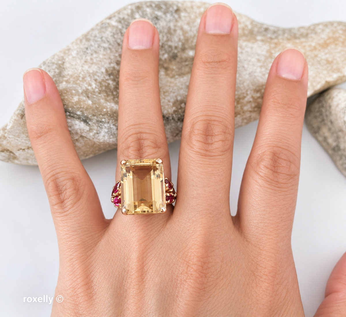 14K Yellow Gold Citrine Gemstone and Rubies Ring, Size 5 - Solid Gold
