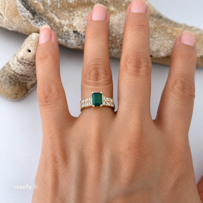 14K Yellow Gold Emerald and White Quartz Ring Size 6.5 - Solid Gold