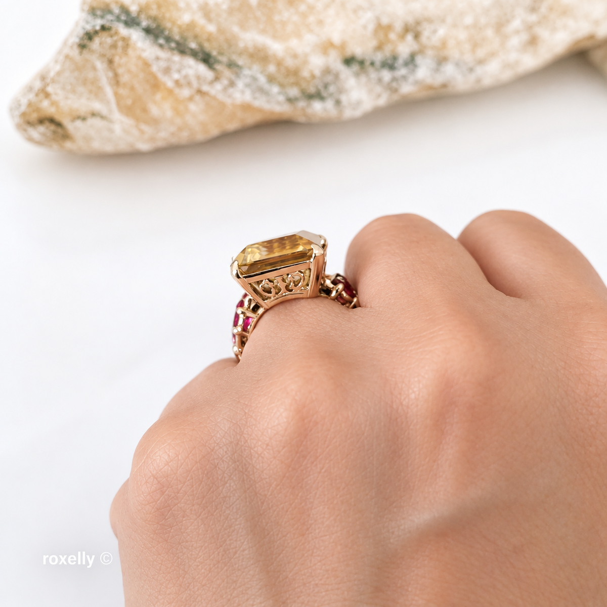 14K Yellow Gold Citrine Gemstone and Rubies Ring, Size 5 - Solid Gold
