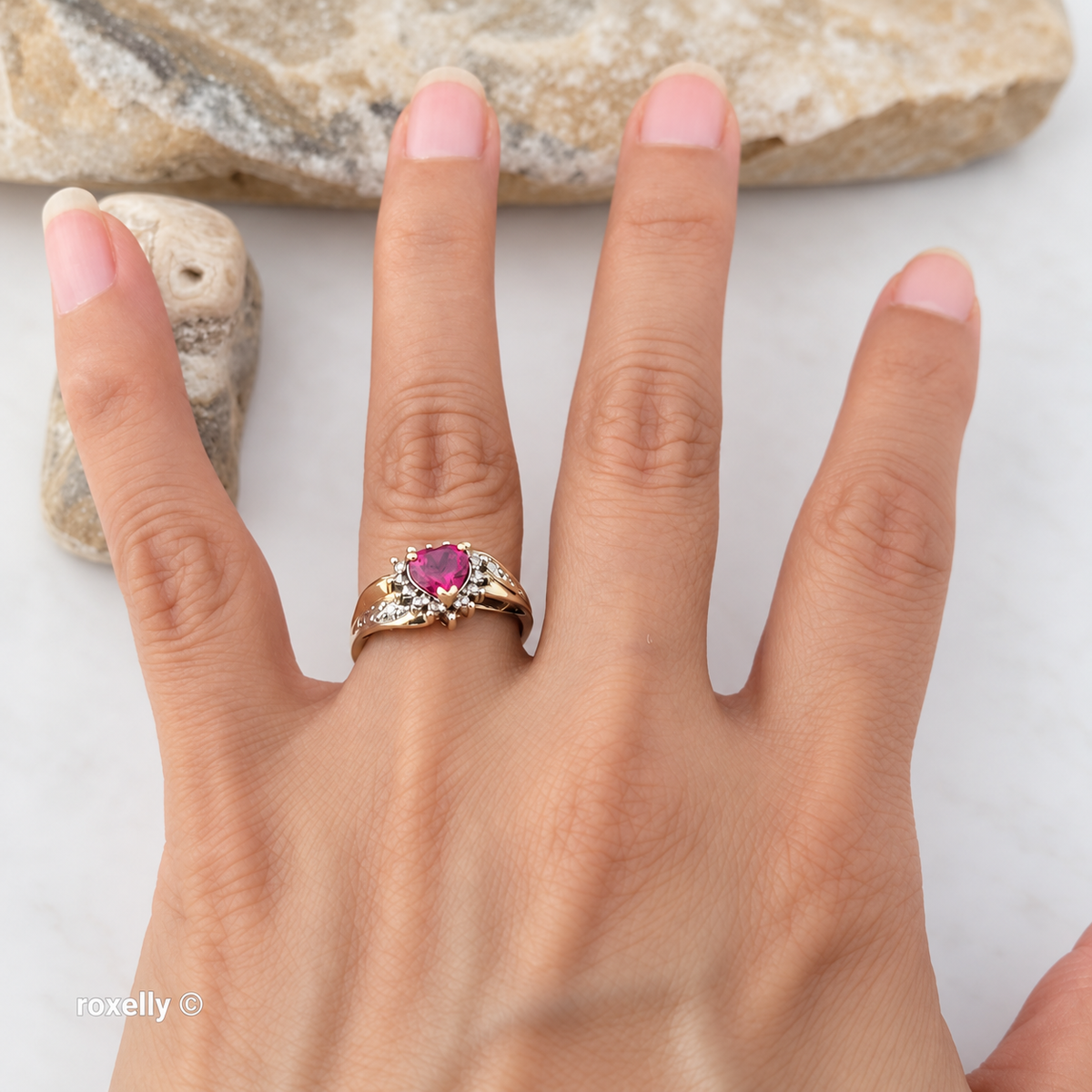 10K Yellow Gold Heart-Shaped Ruby and Genuine Diamonds Ring Size 6.5 - Solid Gold