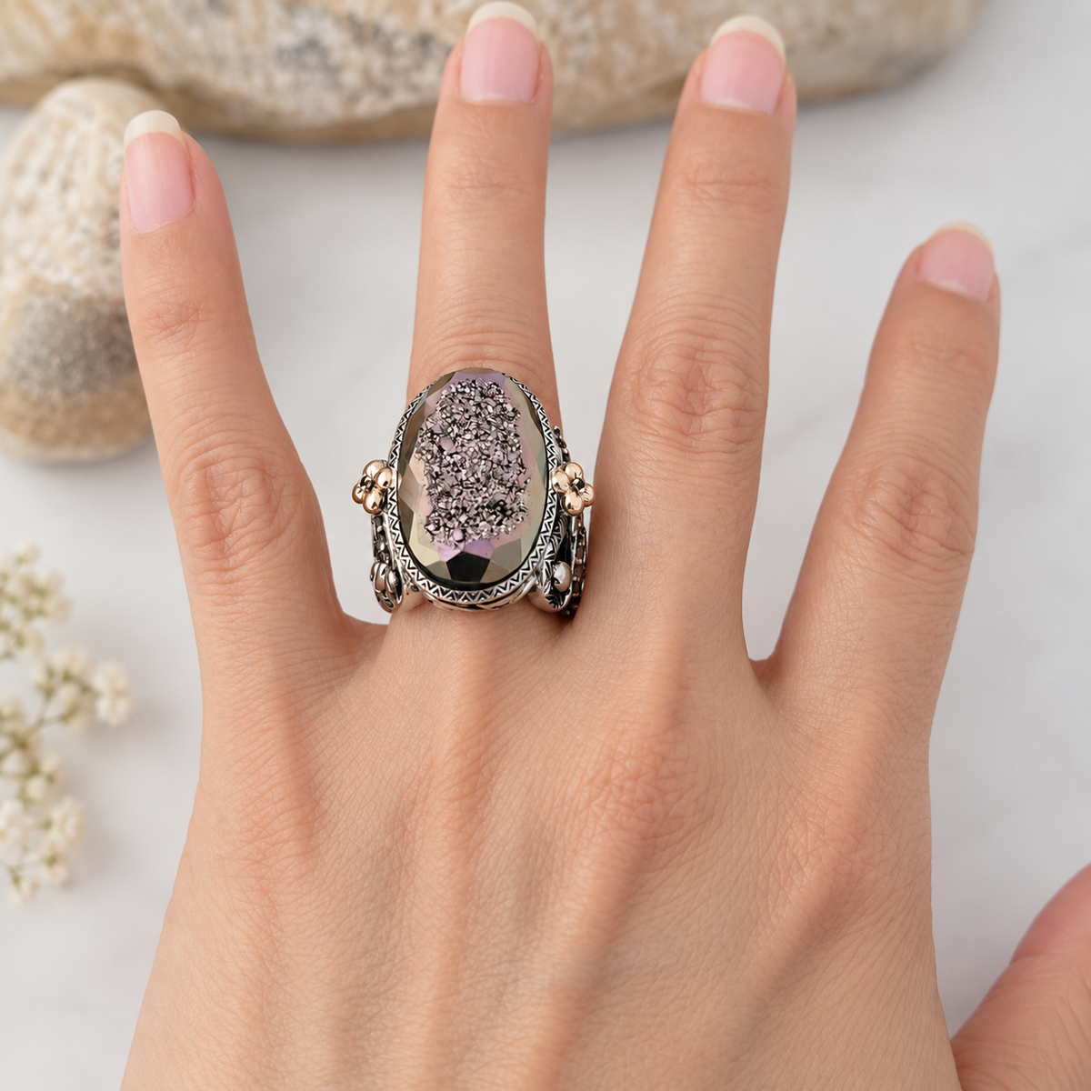 925 Sterling Silver & 18K Solid Yellow Gold, Plum Color Druzy Quartz, Tourmaline and Sapphire Ring Size 7!