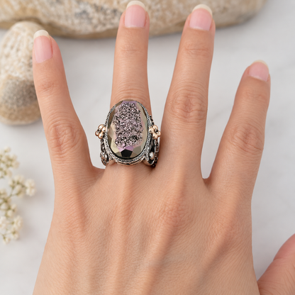 925 Sterling Silver & 18K Solid Yellow Gold, Plum Color Druzy Quartz, Tourmaline and Sapphire Ring Size 7!