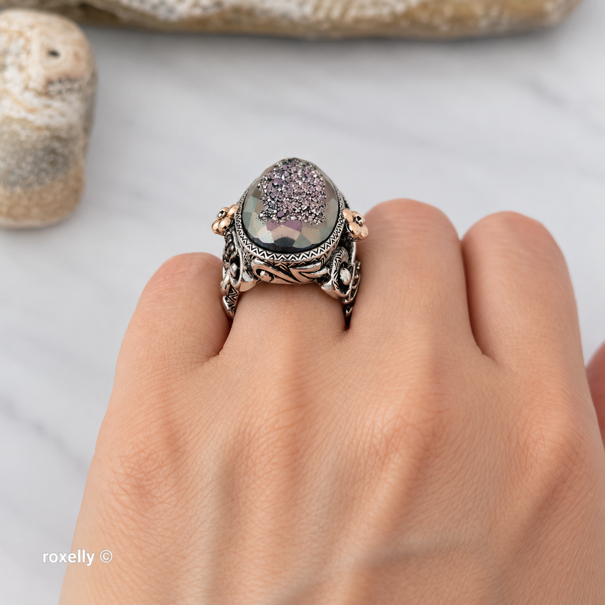 925 Sterling Silver & 18K Solid Yellow Gold, Plum Color Druzy Quartz, Tourmaline and Sapphire Ring Size 7!