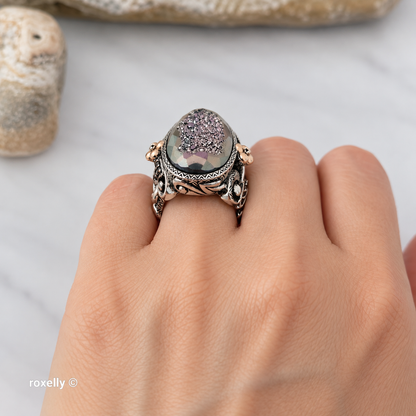 925 Sterling Silver & 18K Solid Yellow Gold, Plum Color Druzy Quartz, Tourmaline and Sapphire Ring Size 7!
