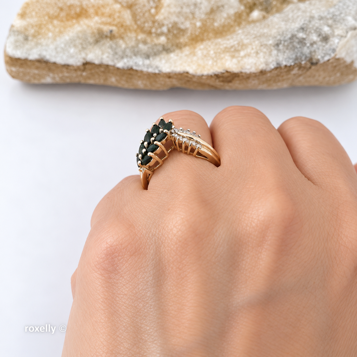 14K Yellow Gold Sapphires and Genuine Diamonds Tiara Ring Size 6.75 - Solid Gold