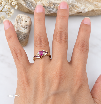 10K Yellow Gold Ruby and Genuine Diamond Bypass Ring Size 7 - Solid Gold