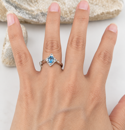 14K White Gold Blue and White Topaz Ring Size 6.75 - Solid Gold