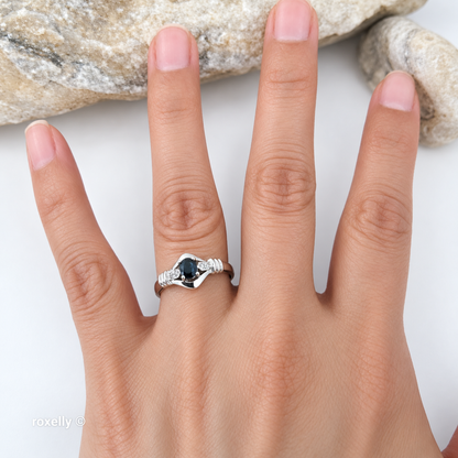 14K White Gold Sapphire & Genuine Diamonds Ring Size 7 - Solid Gold