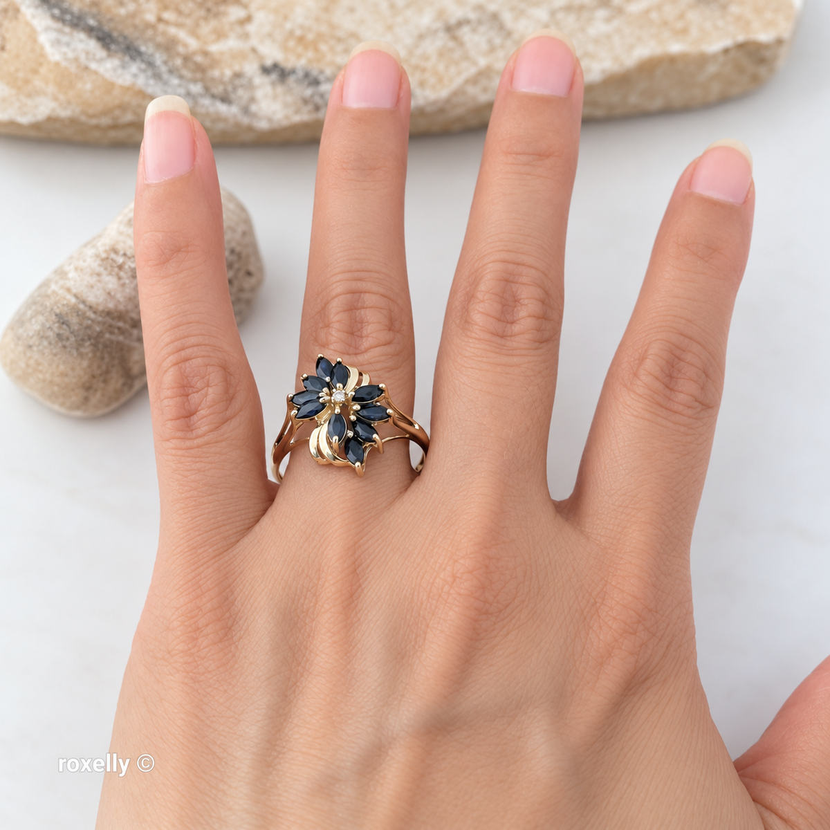 14K Yellow Gold Sapphires and Genuine Diamond Ring Size 10.5 - Solid Gold