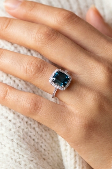 EFFY 14K Solid White Gold London Blue Topaz Diamond Ring, Asscher Cut Genuine Gemstone, Art Deco Style, 0.45ctw Diamonds - Size 7.75