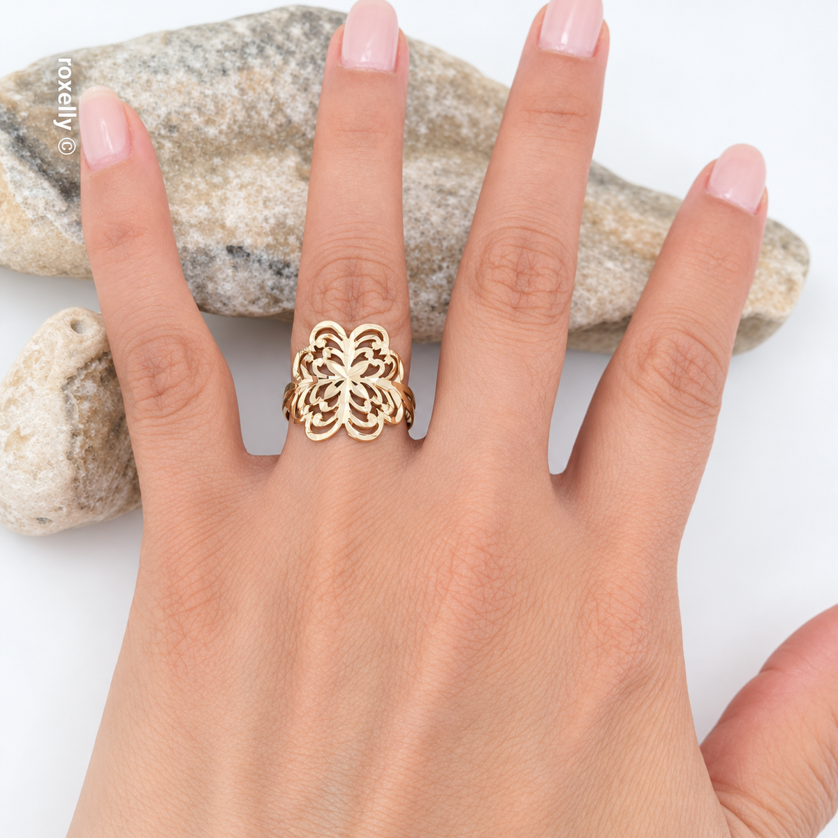 14K Yellow Gold Diamond-Cut Flower Ring Size 7.25 - Solid Gold
