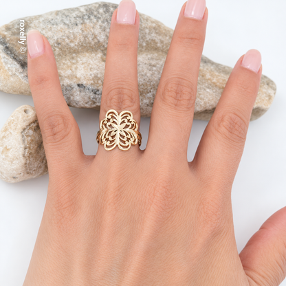 14K Yellow Gold Diamond-Cut Flower Ring Size 7.25 - Solid Gold