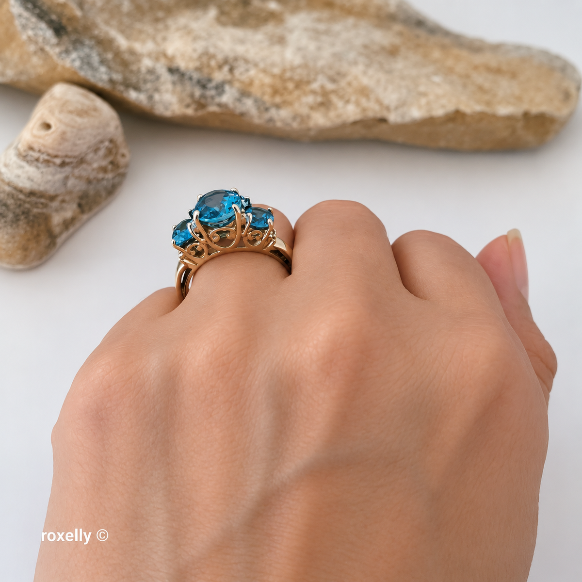 14K Yellow Gold Blue Topaz and Genuine Diamond Ring Size 8 - Solid Gold