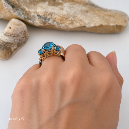 14K Yellow Gold Blue Topaz and Genuine Diamond Ring Size 8 - Solid Gold