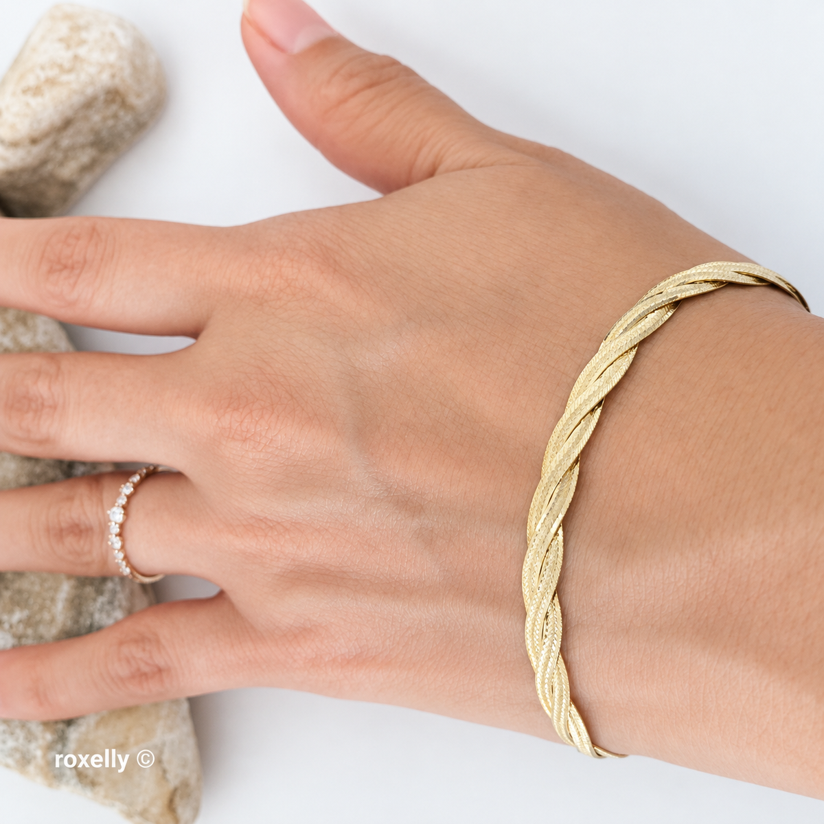 14K Solid Yellow Gold Twisted Herringbone Bracelet, Made in Italy