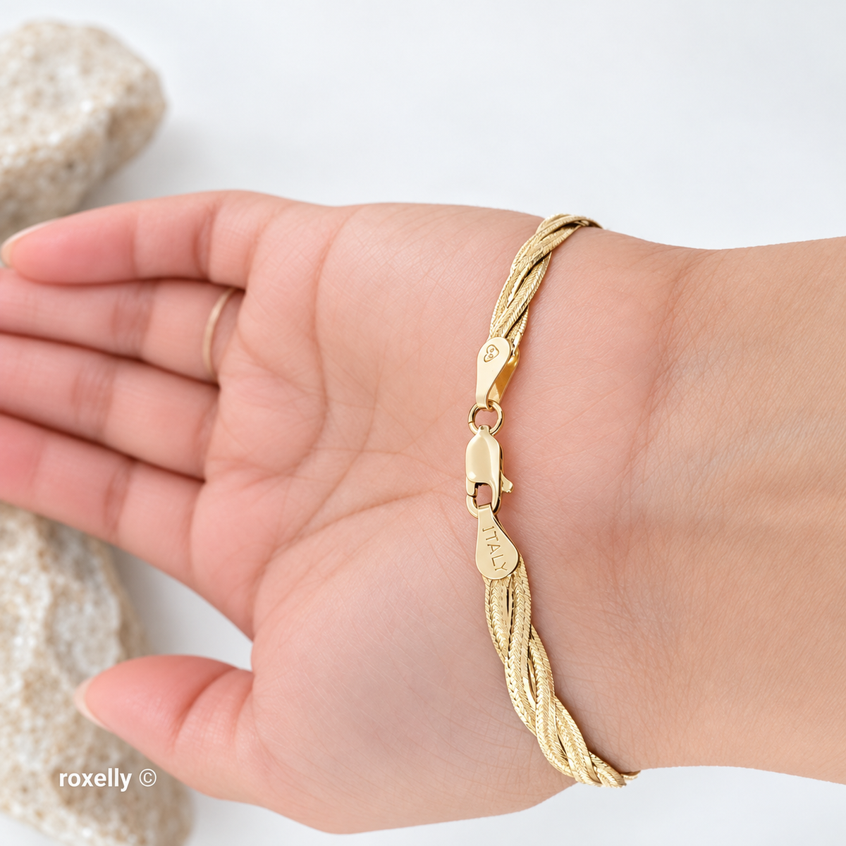 14K Solid Yellow Gold Twisted Herringbone Bracelet, Made in Italy