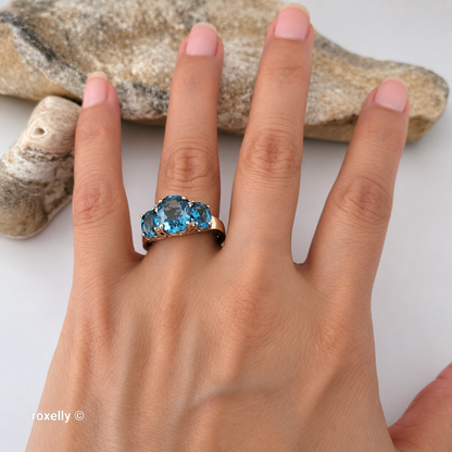 14K Yellow Gold Blue Topaz and Genuine Diamond Ring Size 8 - Solid Gold
