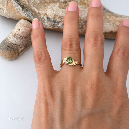 14K Yellow Gold Green Tourmaline and Genuine Diamond Ring Size 5.75 - Solid Gold