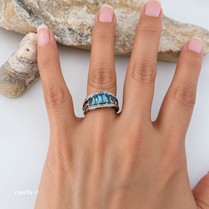 14K Yellow Gold Blue Topaz & Diamond Ring Size 8 - Solid Gold