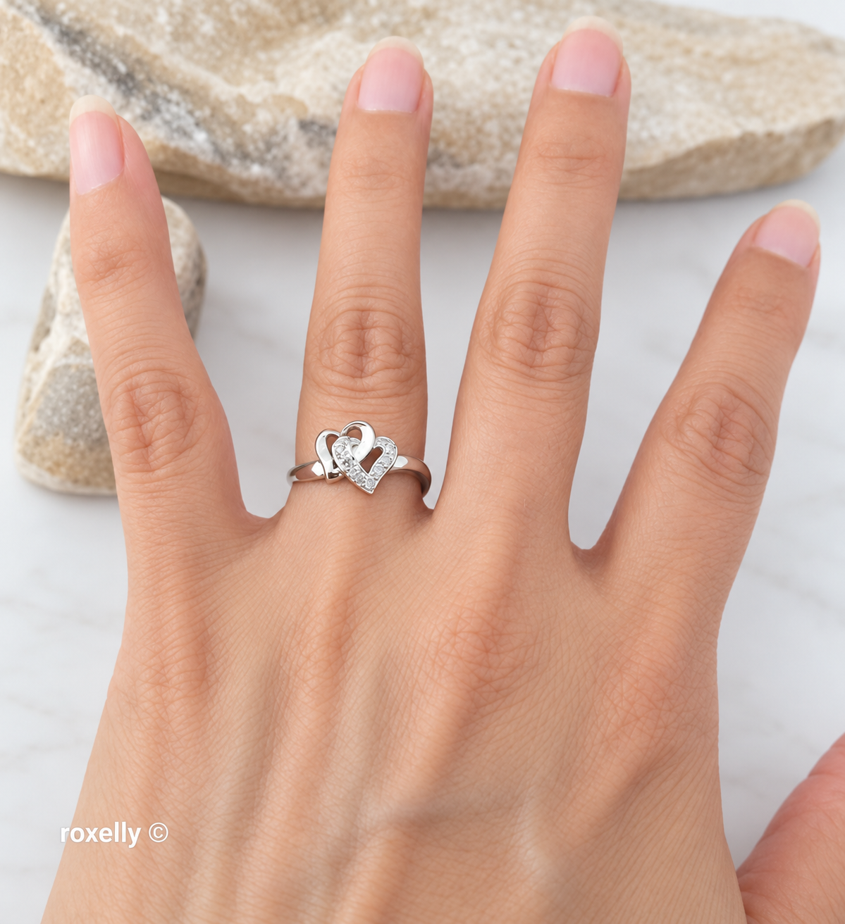 14K White Gold Intertwined Hearts Genuine Diamond Ring Size 7 - Solid Gold!