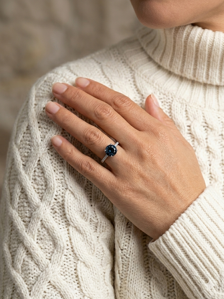 EFFY 14K White Gold London Blue Topaz & Diamond Ring Size 8.25 - Like New