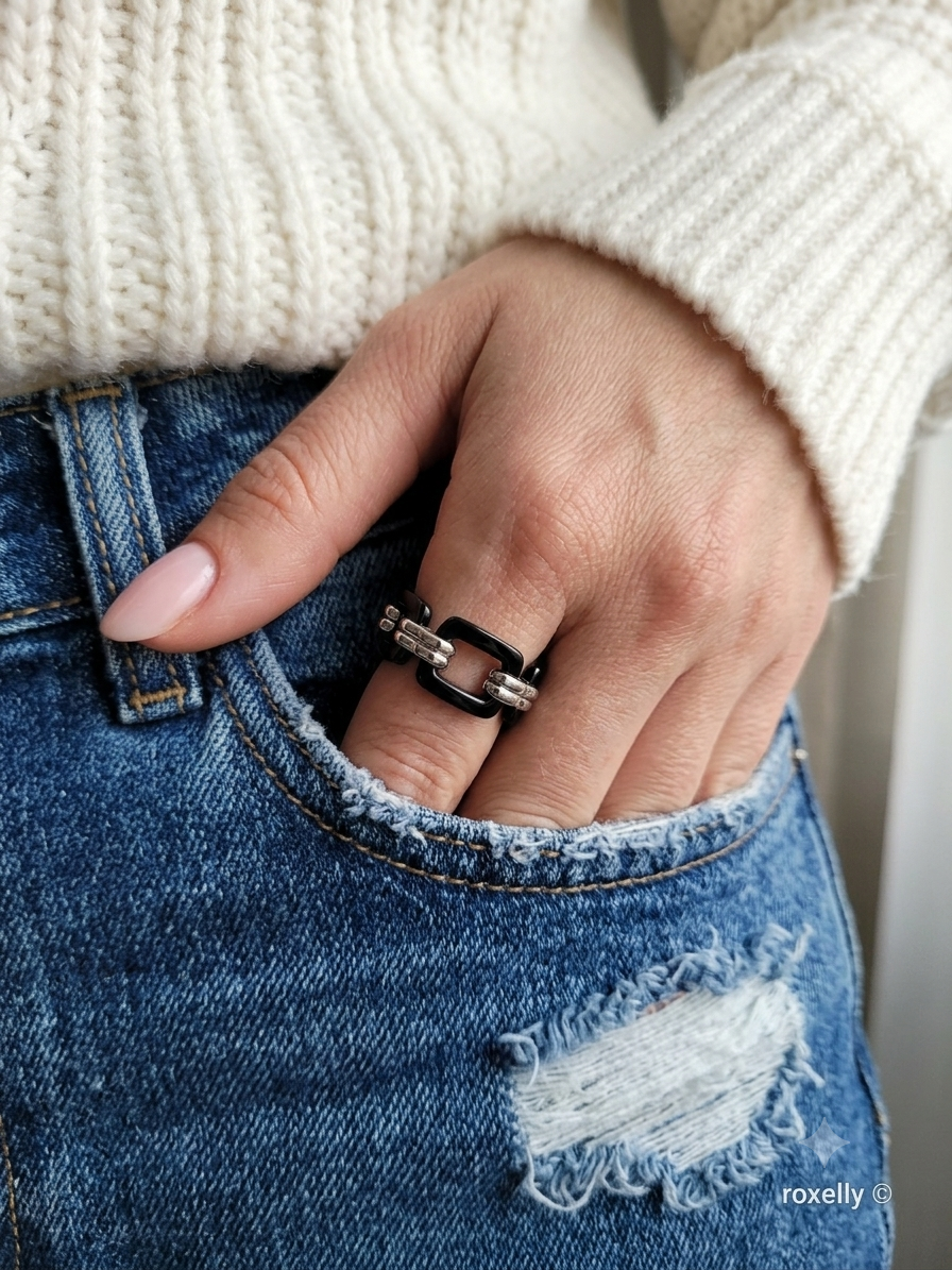 Black Onyx Flexible Link Ring in 925 Sterling Silver, Size 8, Colleen Lopez HSN Statement Jewelry