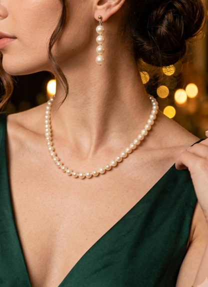 Vintage Freshwater Pearl Necklace & Earrings Set – 14K Yellow Gold Clasp, Posts & Backs