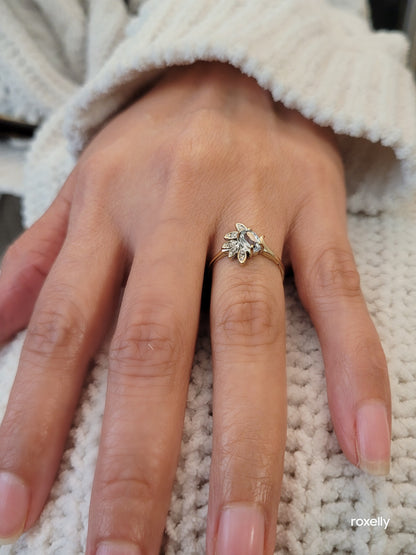 14k Size 6.25 Fancy Solid Yellow Gold Flower-Shaped Aquamarine and Diamond Ring!