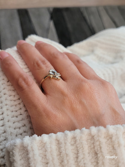 14k Size 6.25 Fancy Solid Yellow Gold Flower-Shaped Aquamarine and Diamond Ring!