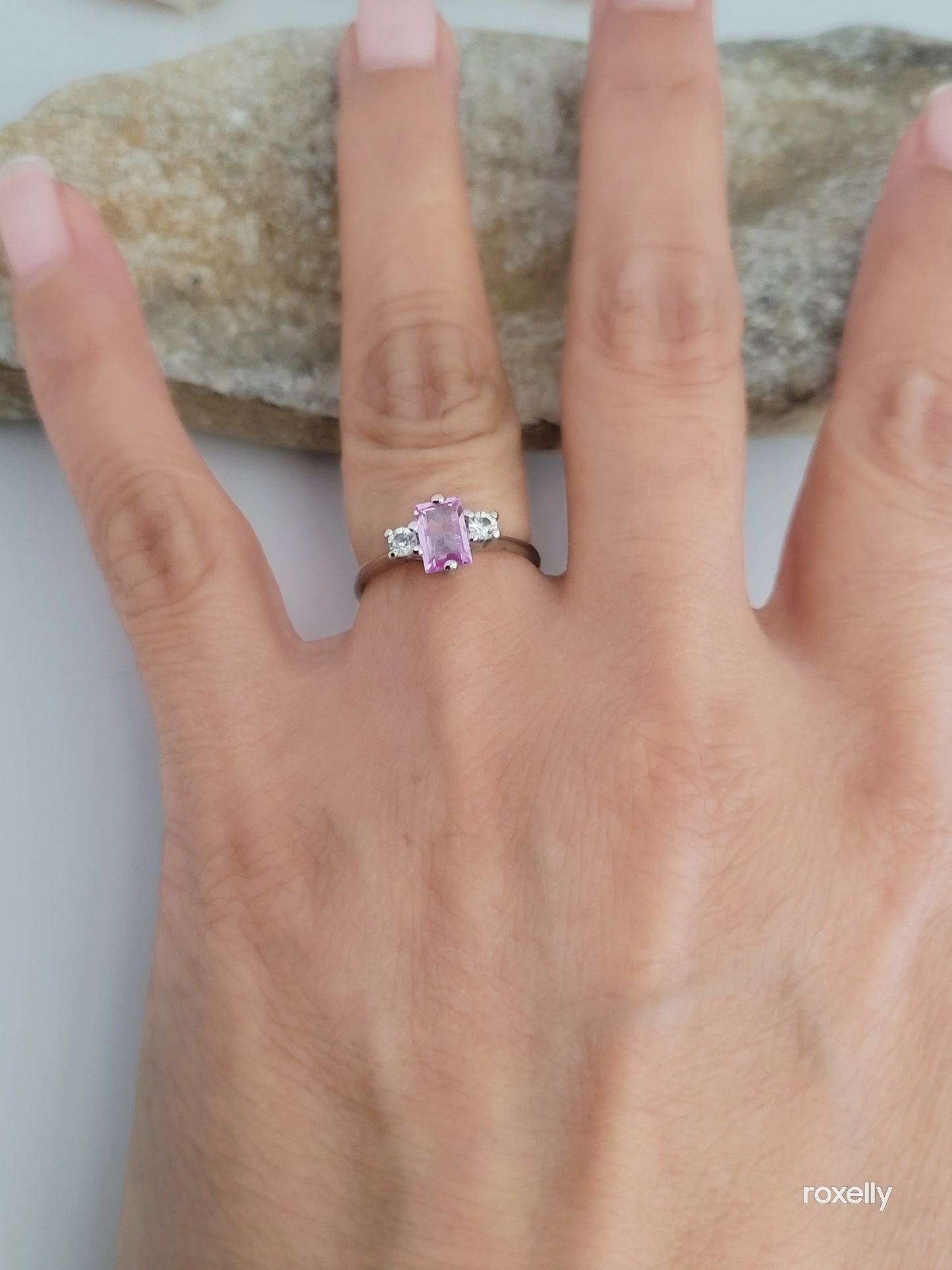 10k Size 4.75 Fancy Solid White Gold Pink Sapphire and White Aquamarine Ring