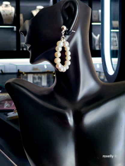 ❤️925 Lovely Sterling Silver Fresh-Water Pearls Circle Drop Earrings!