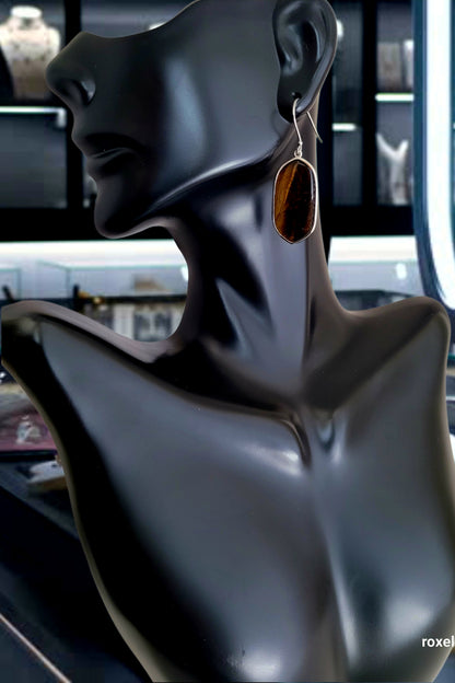 ♥️Sterling Silver Oval Tiger's Eye Drop Earrings ! 🎁👌