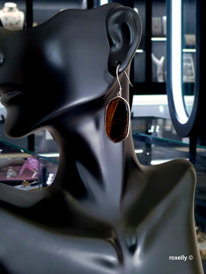 ♥️Sterling Silver Oval Tiger's Eye Drop Earrings ! 🎁👌