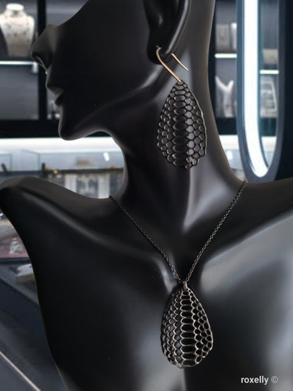 ❤️ Oxidized Sterling Silver Earrings Necklace Set, Designer Mesh Drop, the hooks are 14k Gold