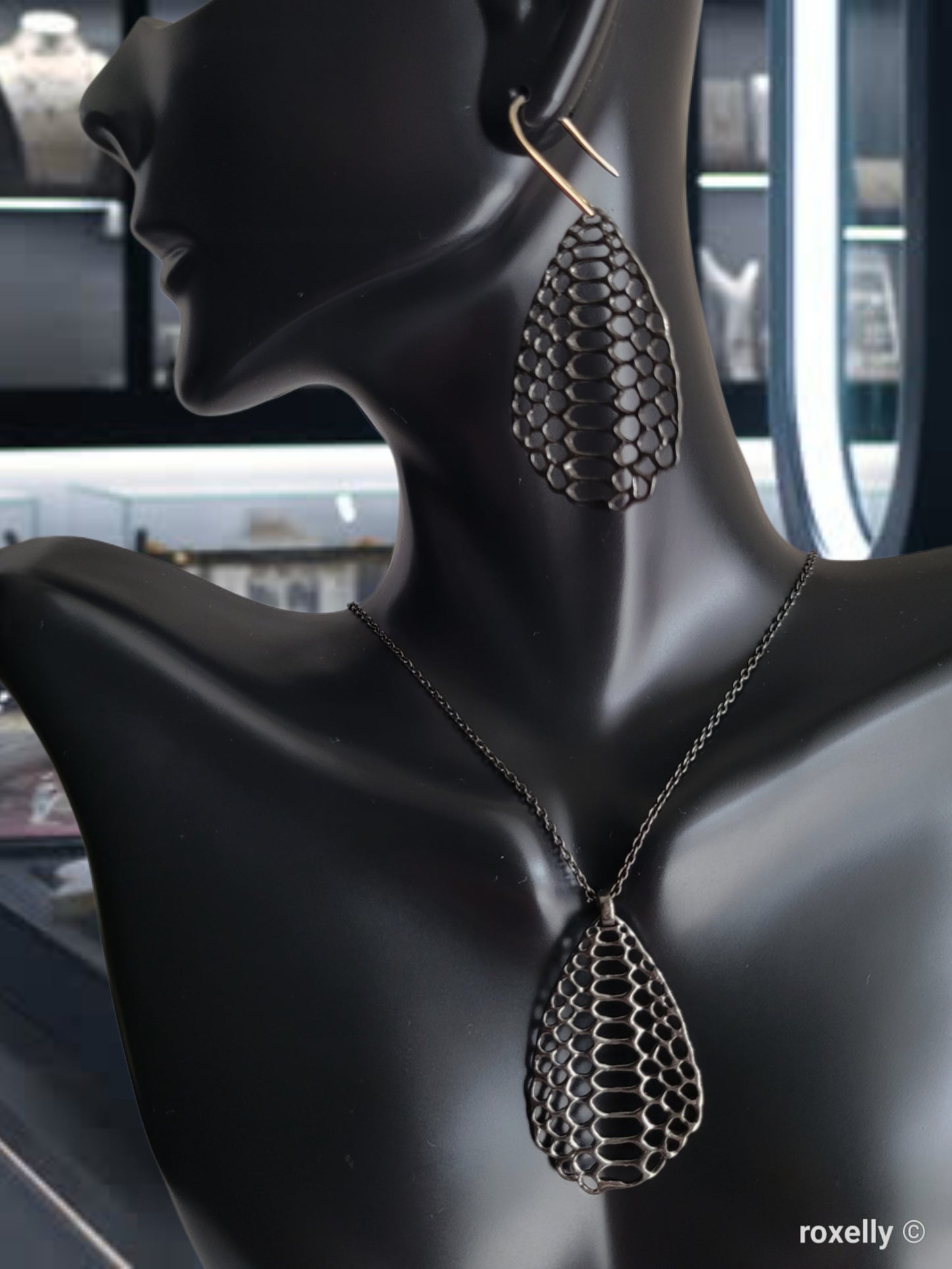 ❤️ Oxidized Sterling Silver Earrings Necklace Set, Designer Mesh Drop, the hooks are 14k Gold