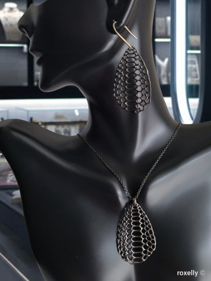 ❤️ Oxidized Sterling Silver Earrings Necklace Set, Designer Mesh Drop, the hooks are 14k Gold