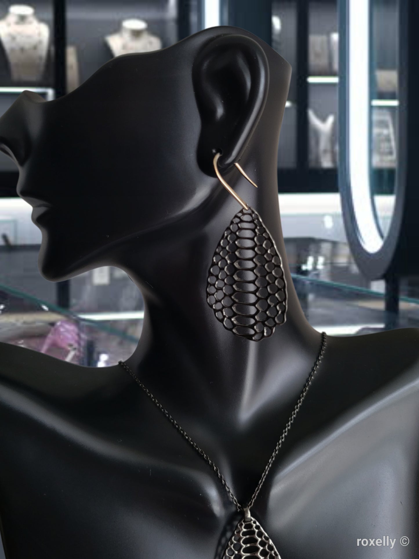 ❤️ Oxidized Sterling Silver Earrings Necklace Set, Designer Mesh Drop, the hooks are 14k Gold