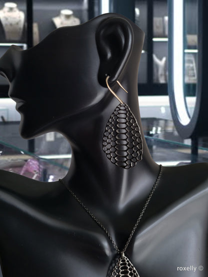 ❤️ Oxidized Sterling Silver Earrings Necklace Set, Designer Mesh Drop, the hooks are 14k Gold