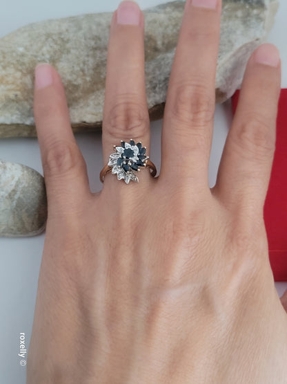 ❤️10k Size 7.75 Amazing Solid Yellow Gold Dark Sapphire and Diamond Ring!